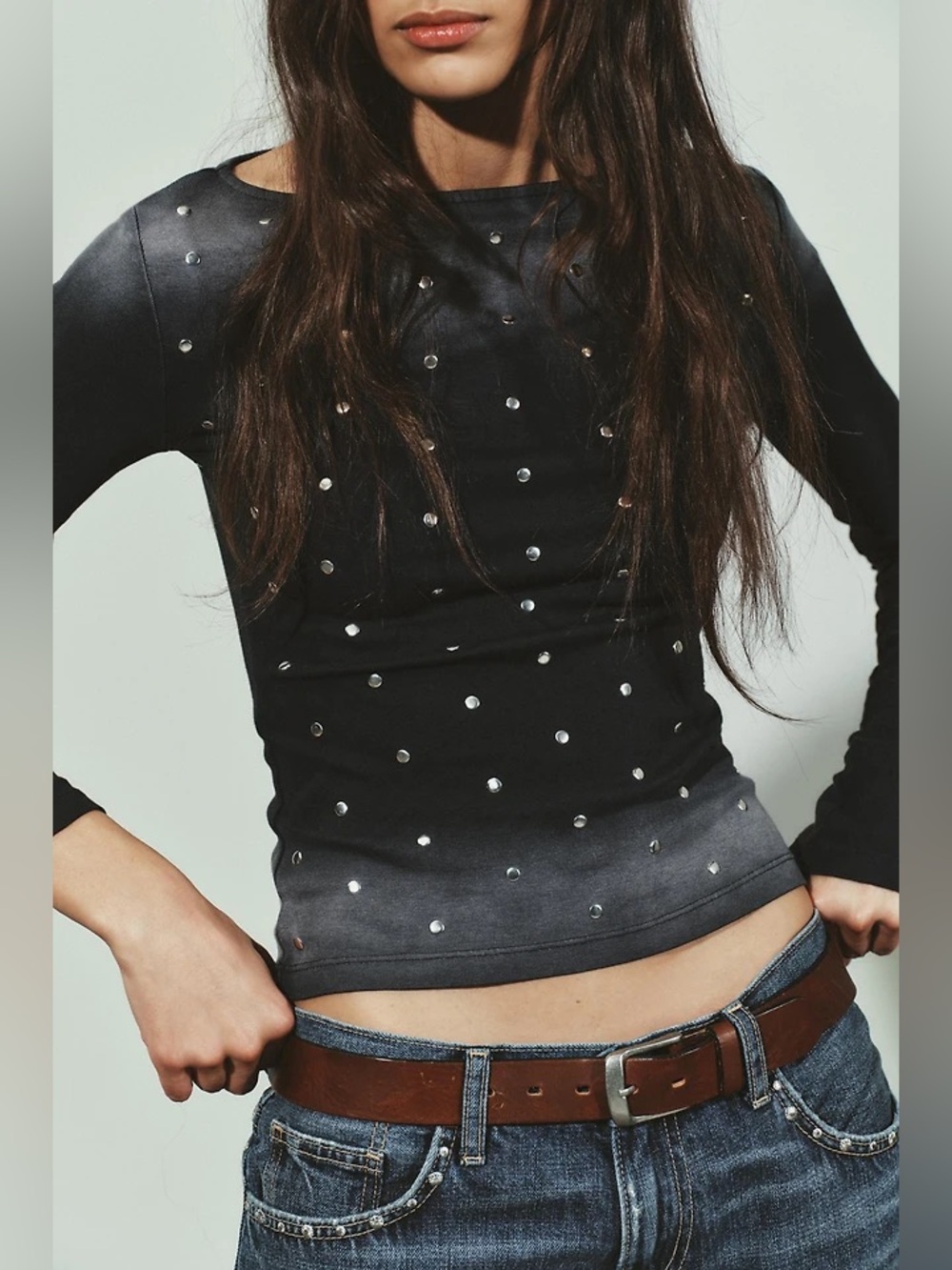ZARA WASHED STUDDED LONG-SLEEVE TOP ANTHRACITE GREY| SIZE M | NWT